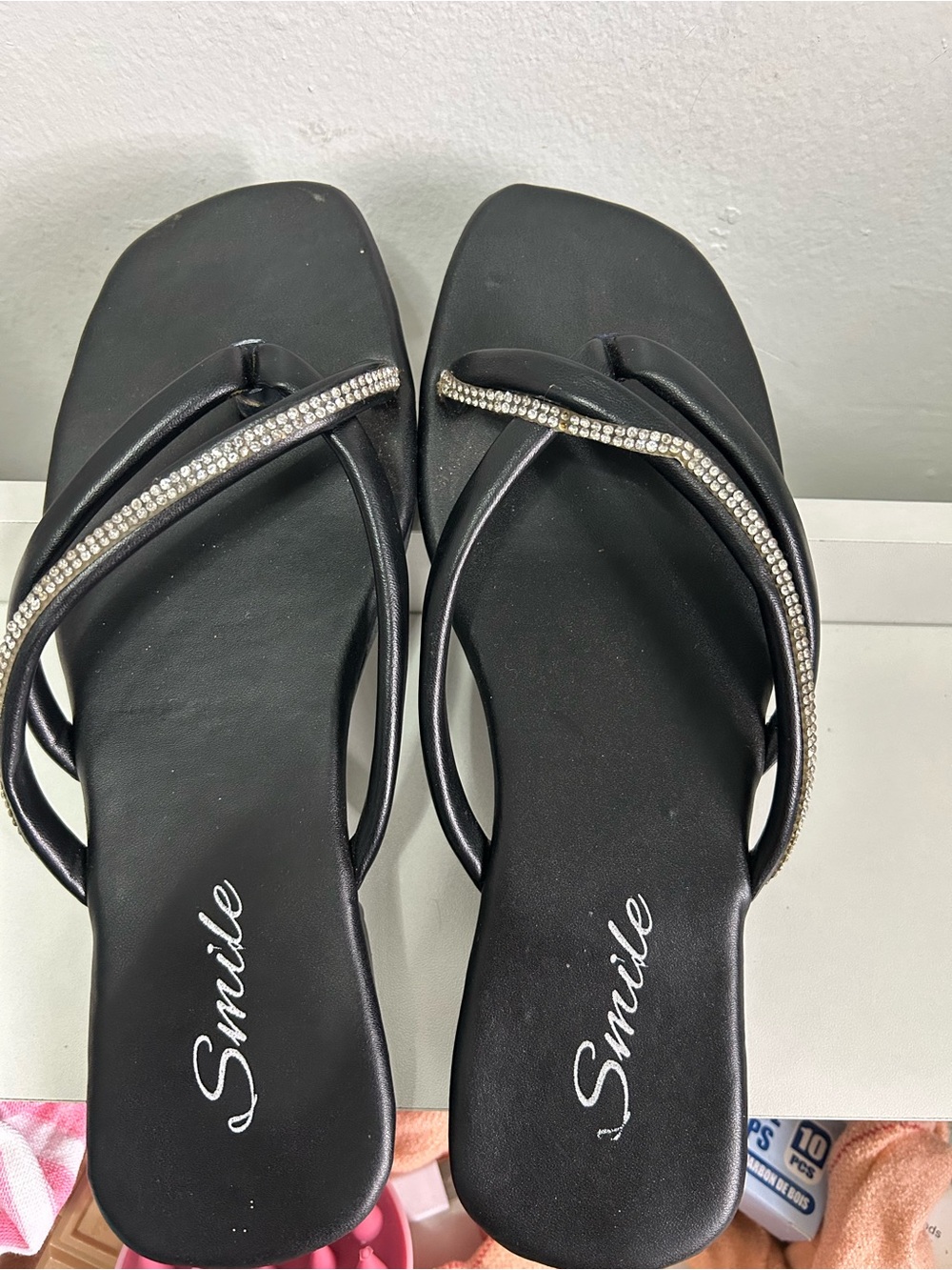 Women's Black Rhinestone Thong Sandals